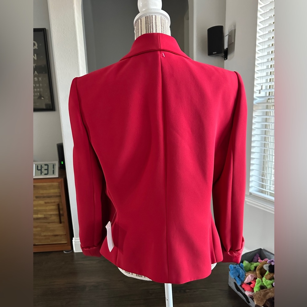 Red skirt & blazer jacket set lined shoulder pads ruffles collar size 12 - Picture 8 of 16